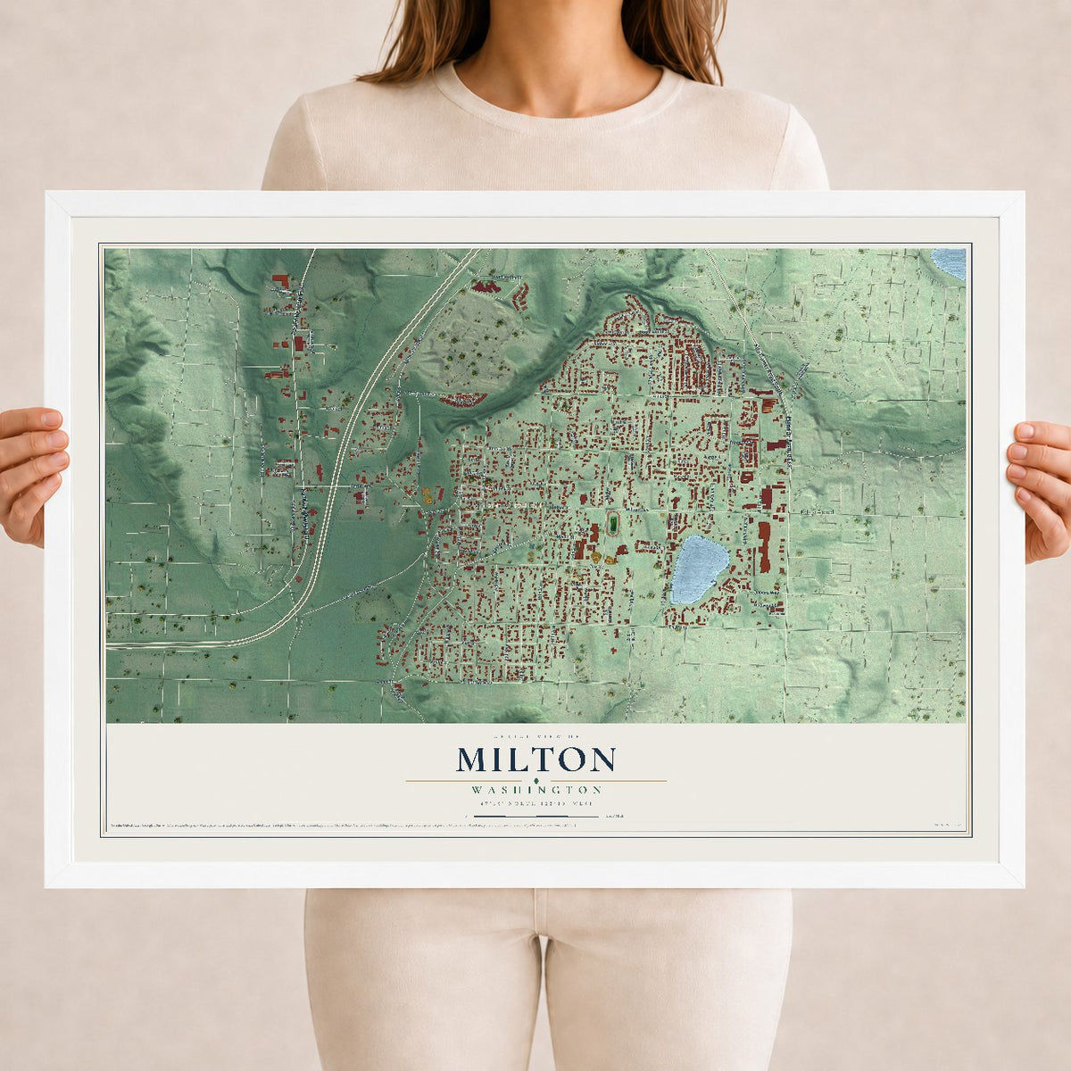 Map of Milton, Washington, 18 x 24 inch print in a white wood frame