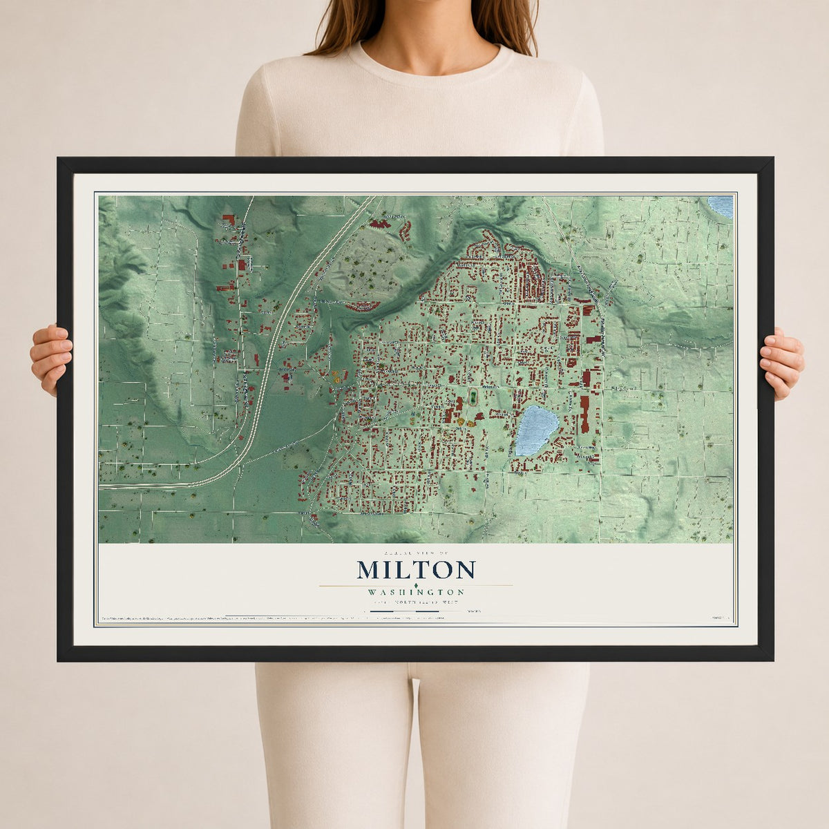 Map of Milton, Washington, 24 x 36 inch print in a black wood frame