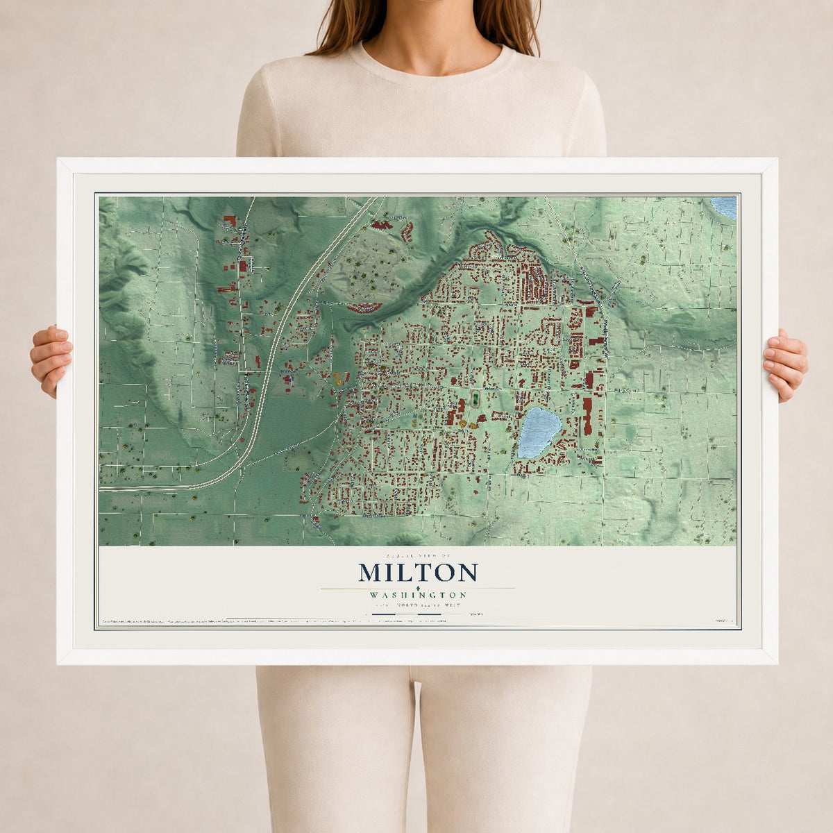 Map of Milton, Washington, 24 x 36 inch print in a white wood frame