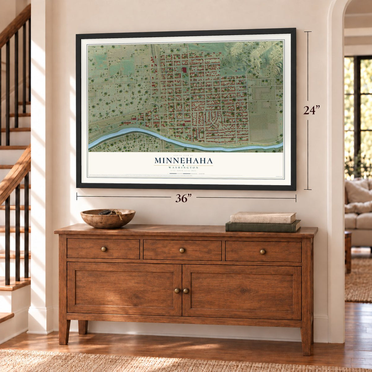 Minnehaha, Spokane, Washington map, 24 x 36 inch print in a black frame above a dresser by a staircase