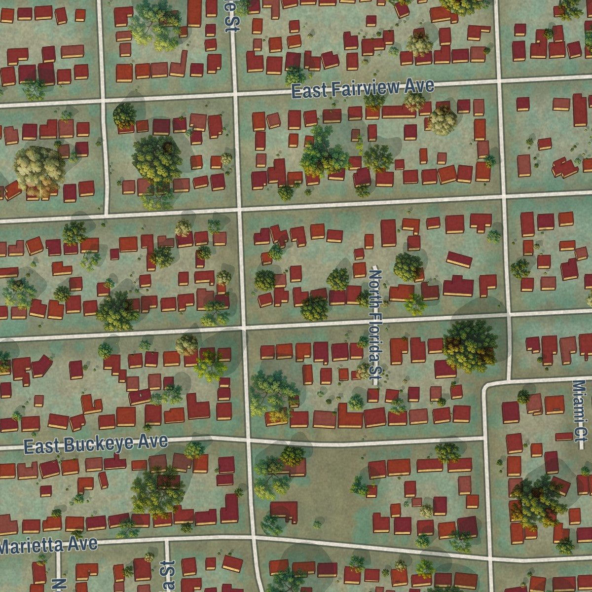 Close-up of the map of Minnehaha, Spokane, Washington print showing street and building detail