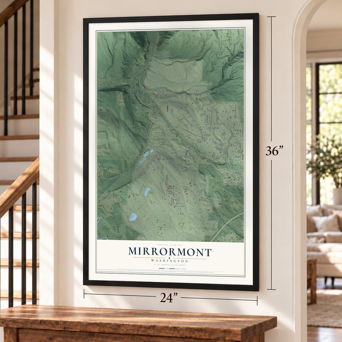 Mirrormont, Washington map, 24 x 36 inch print in a black frame by a staircase