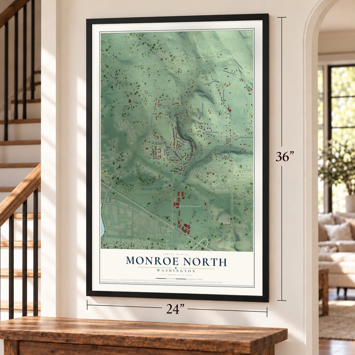 Monroe North, Washington map, 24 x 36 inch print in a black frame by a staircase