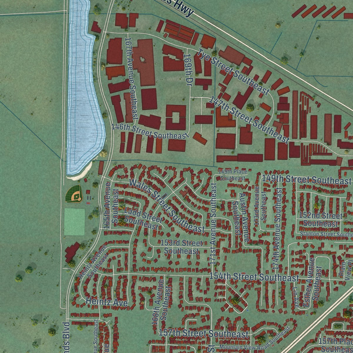 Close-up of the map of Monroe, Washington print showing street and building detail
