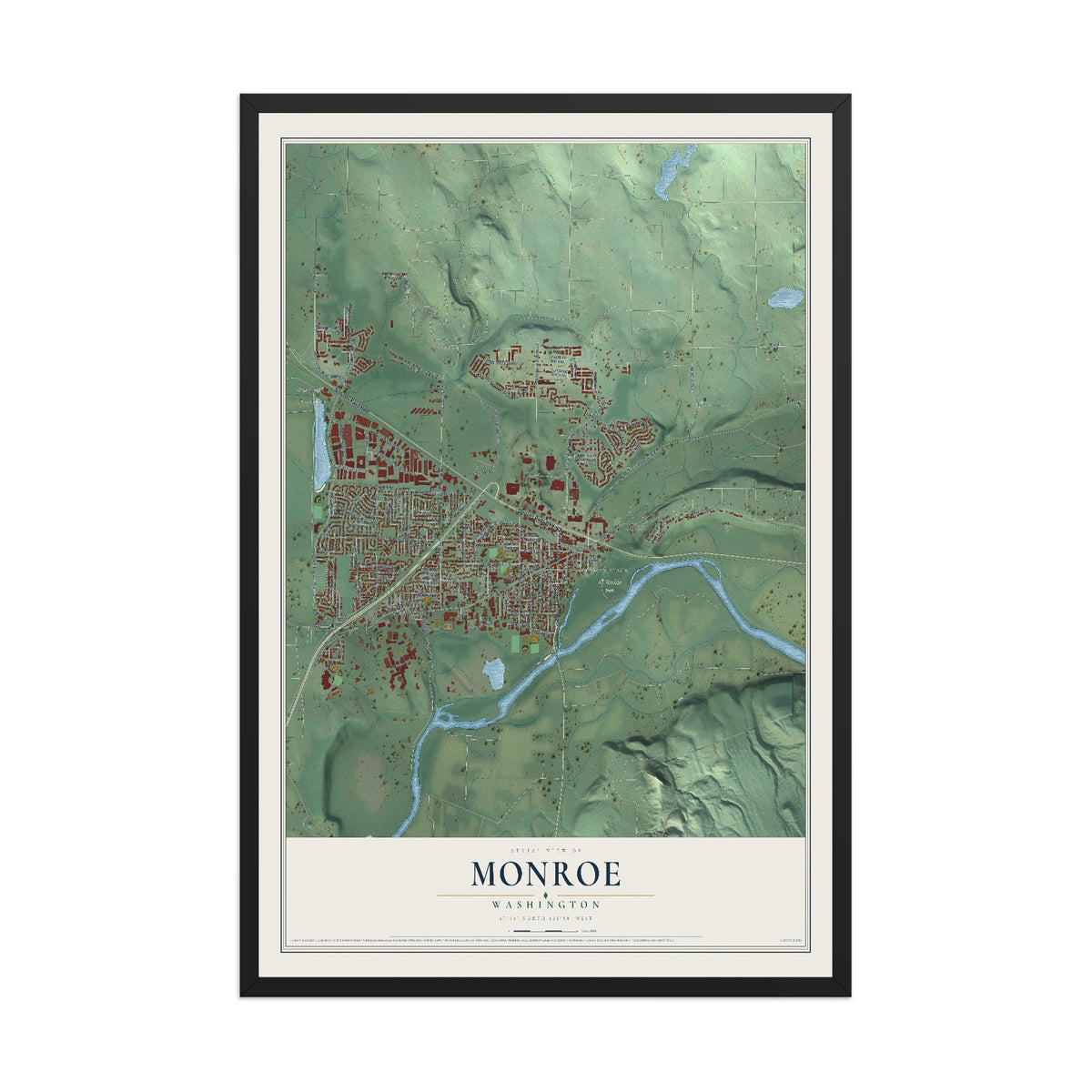 Map of Monroe, Washington, 12 x 18 inch print in a black wood frame