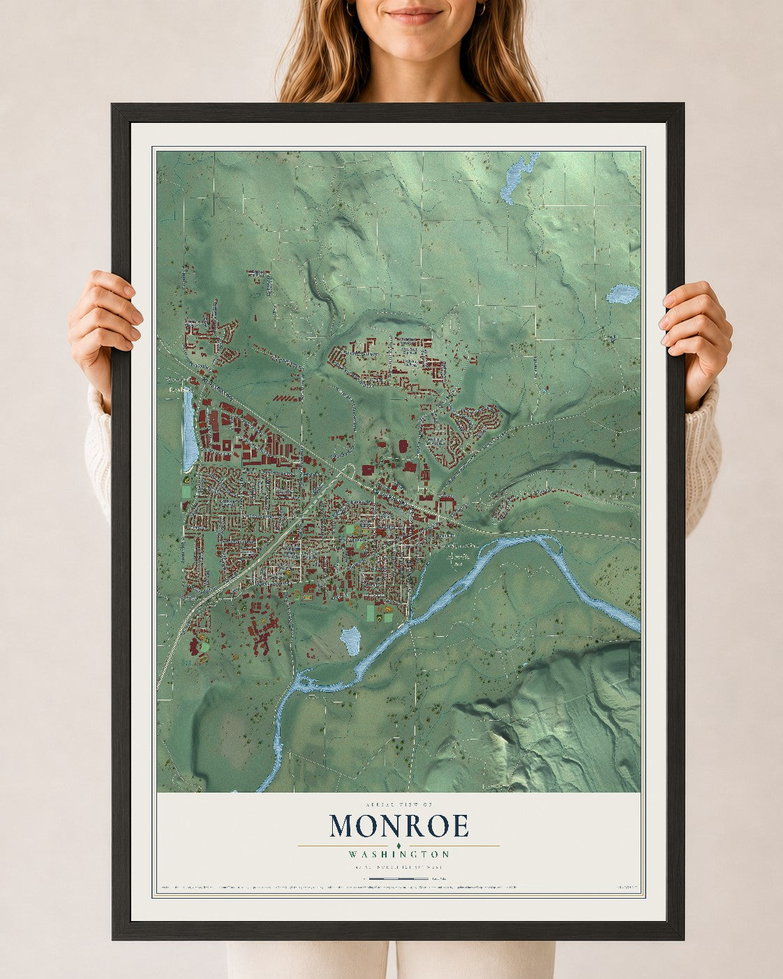 Map of Monroe, Washington, 24 x 36 inch print in a black wood frame