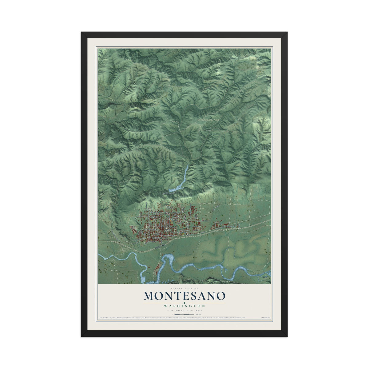 Map of Montesano, Washington, 12 x 18 inch print in a black wood frame