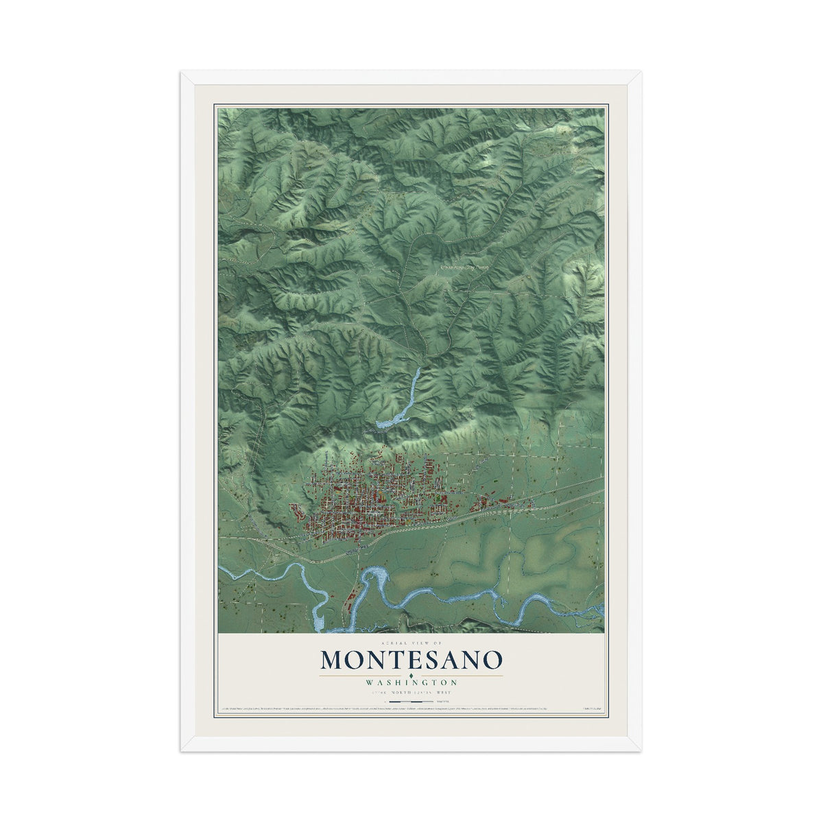 Map of Montesano, Washington, 12 x 18 inch print in a white wood frame