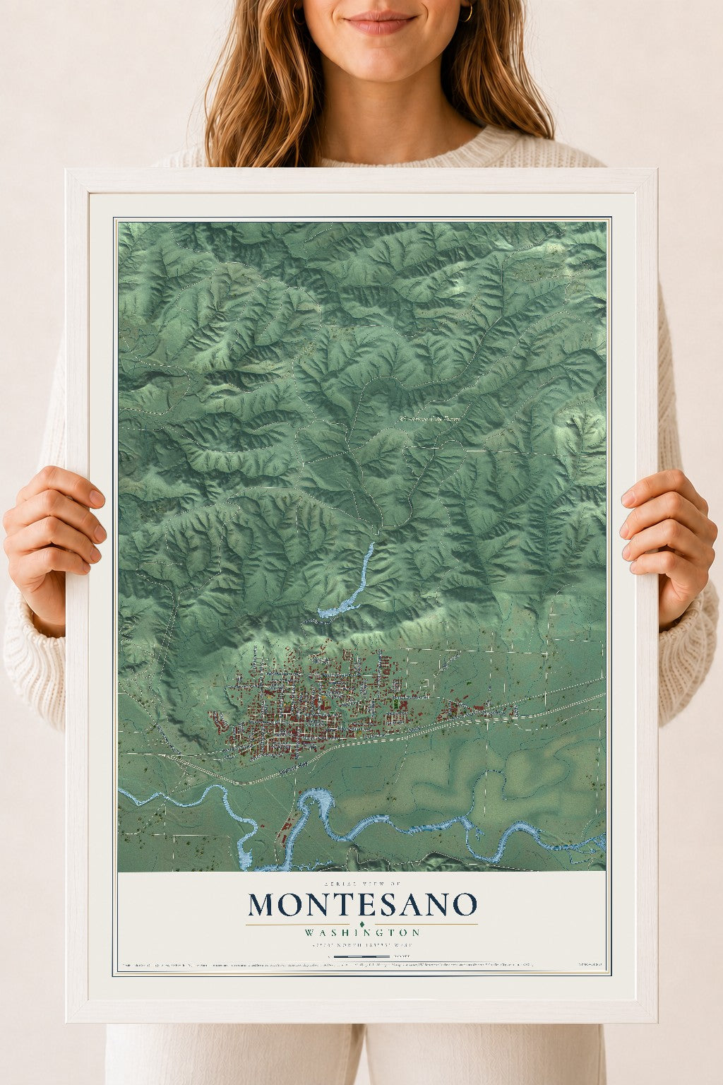 Map of Montesano, Washington, 18 x 24 inch print in a white wood frame
