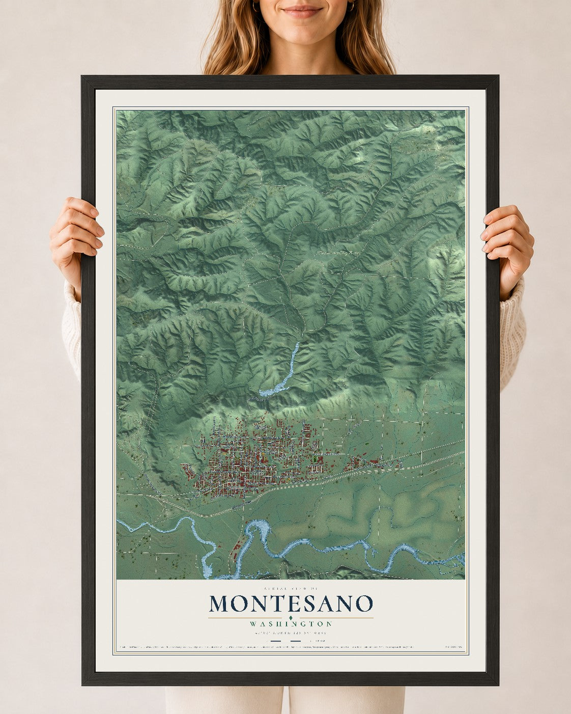 Map of Montesano, Washington, 24 x 36 inch print in a black wood frame