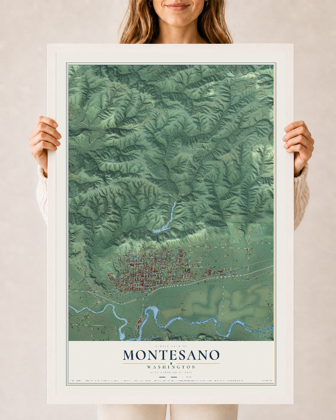 Map of Montesano, Washington, 24 x 36 inch print in a white wood frame