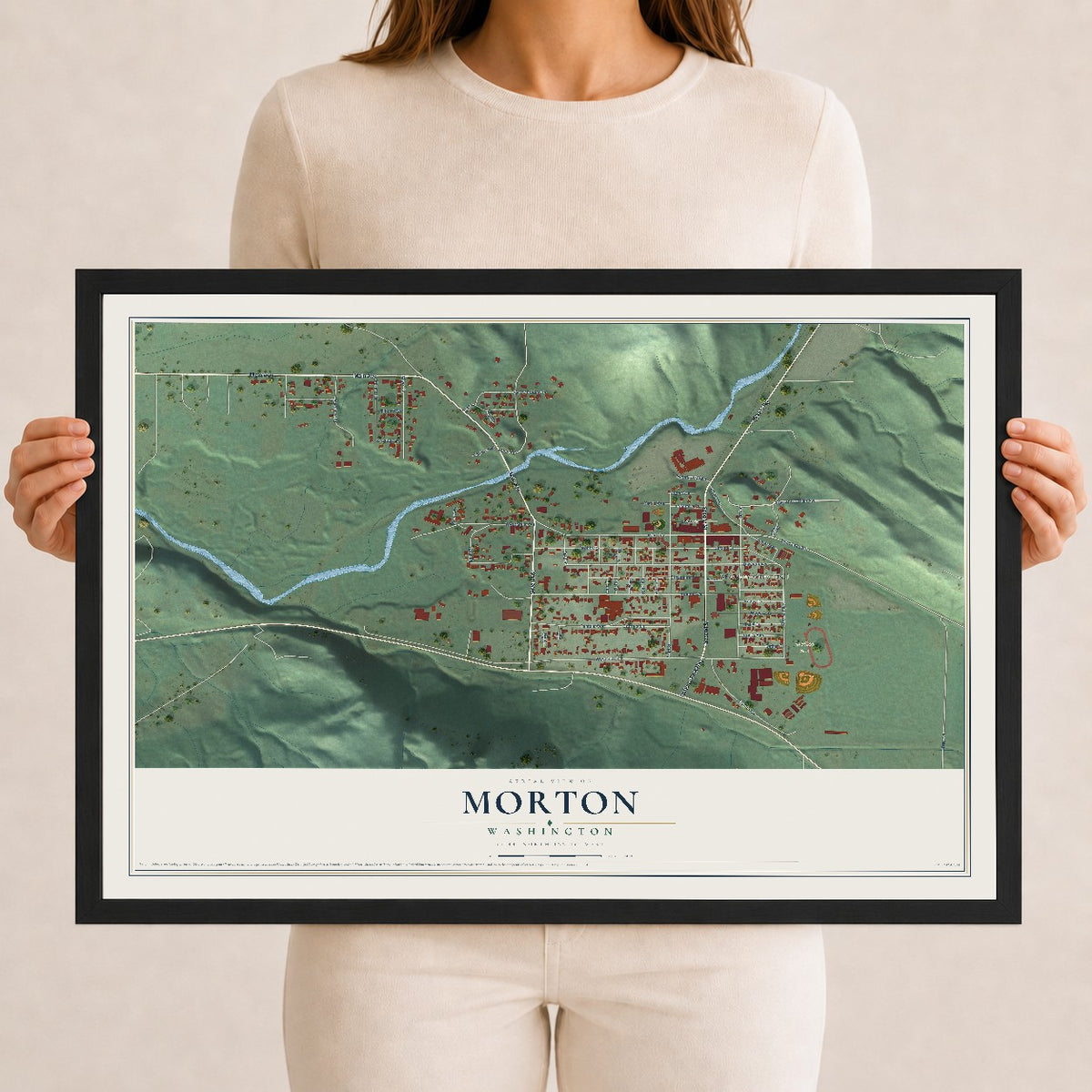 Map of Morton, Washington, 12 x 18 inch print in a black wood frame