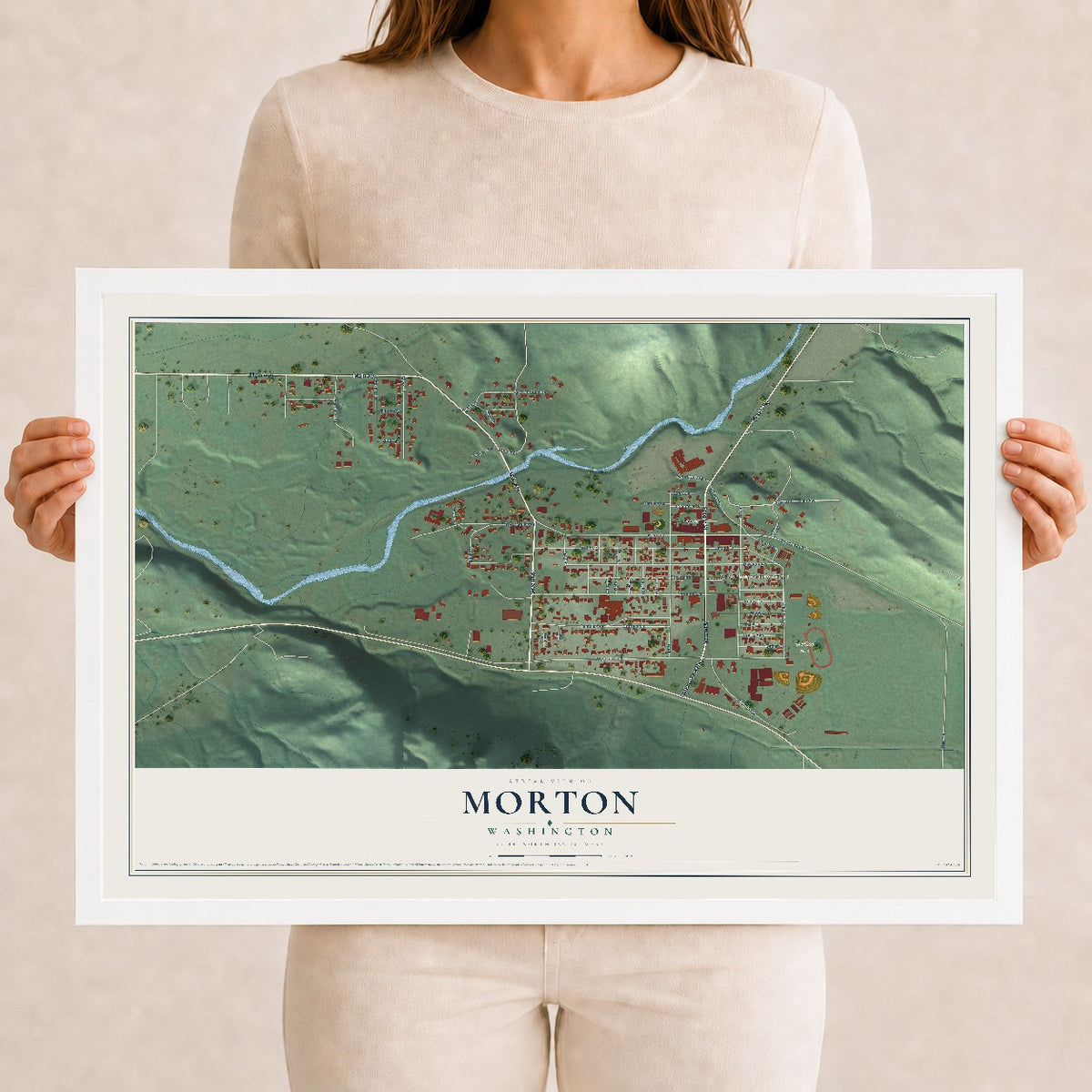 Map of Morton, Washington, 12 x 18 inch print in a white wood frame