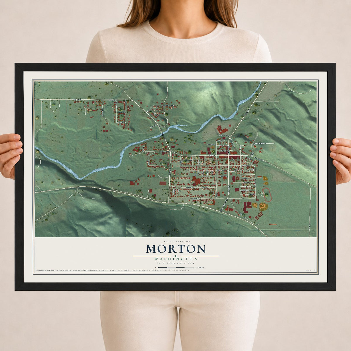 Map of Morton, Washington, 18 x 24 inch print in a black wood frame