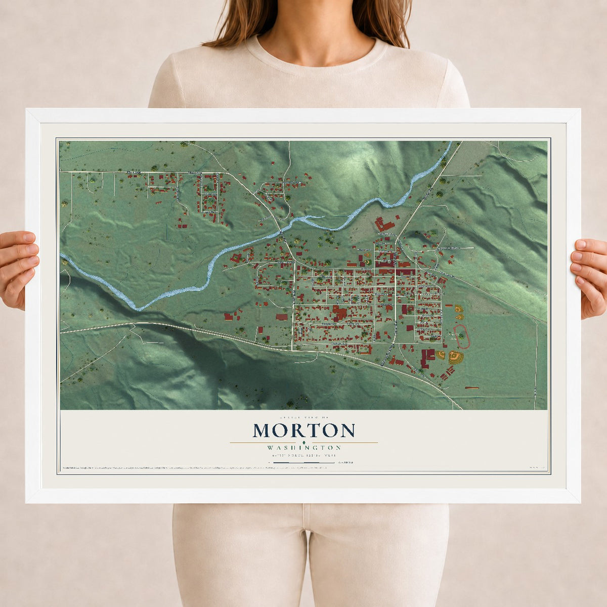 Map of Morton, Washington, 18 x 24 inch print in a white wood frame