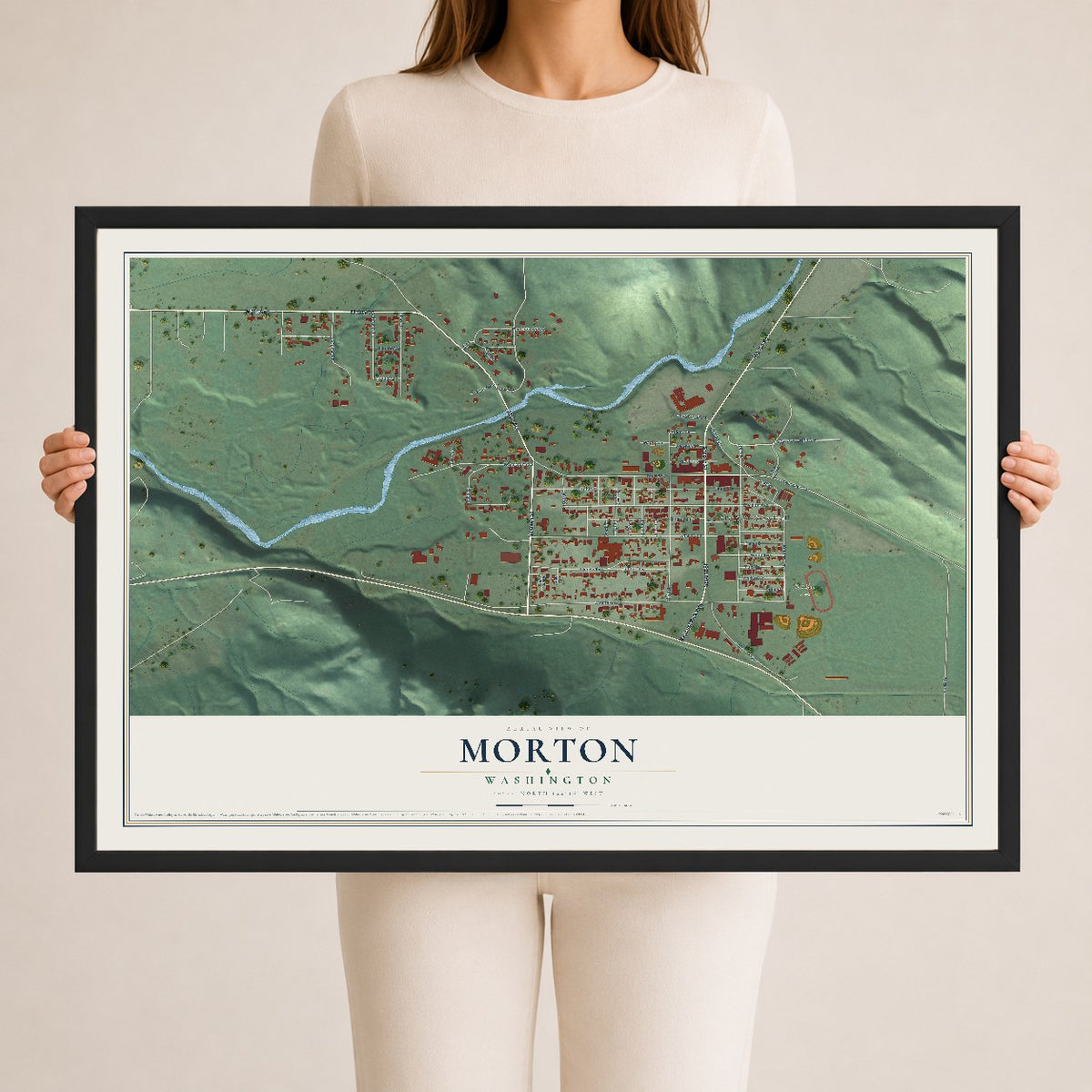 Map of Morton, Washington, 24 x 36 inch print in a black wood frame