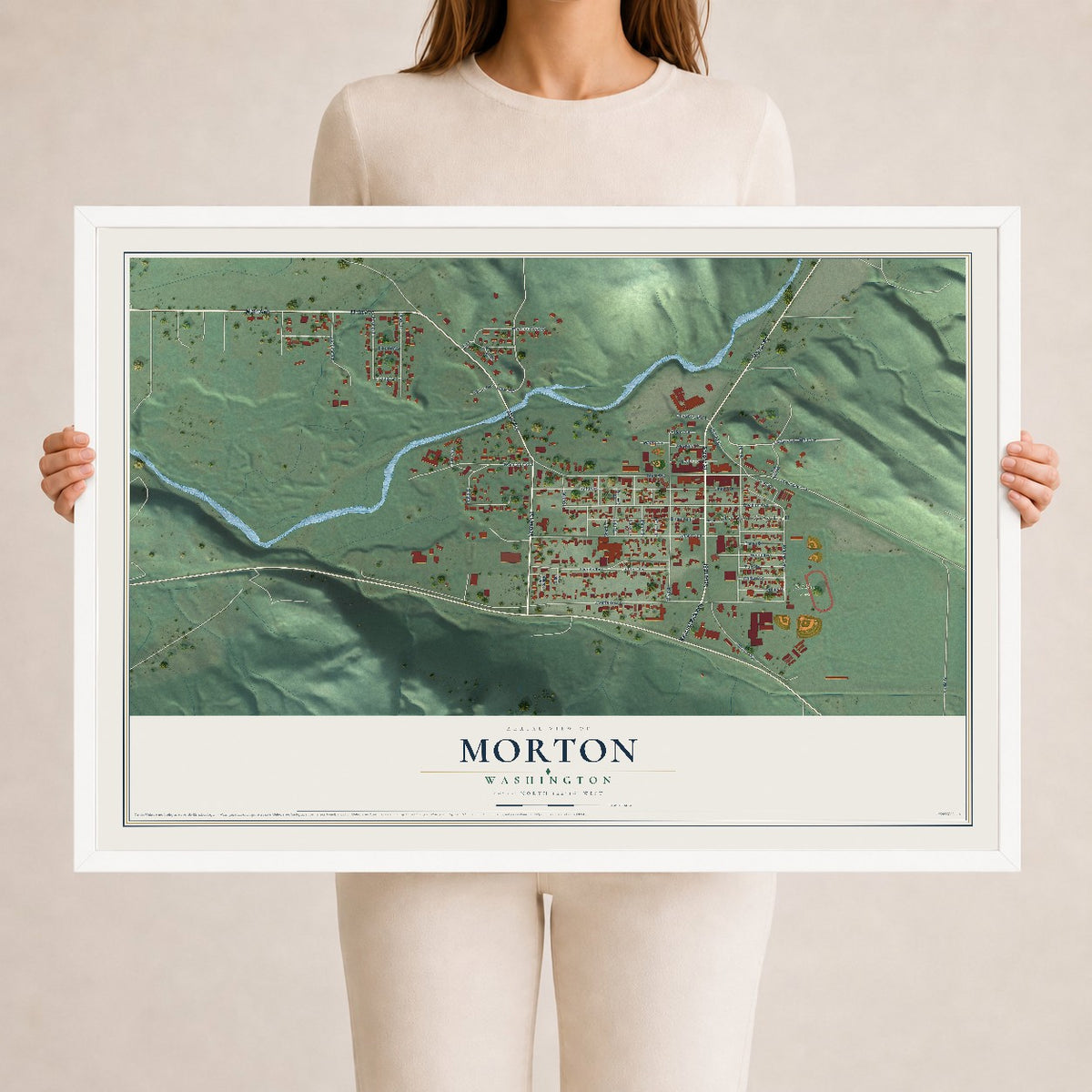 Map of Morton, Washington, 24 x 36 inch print in a white wood frame