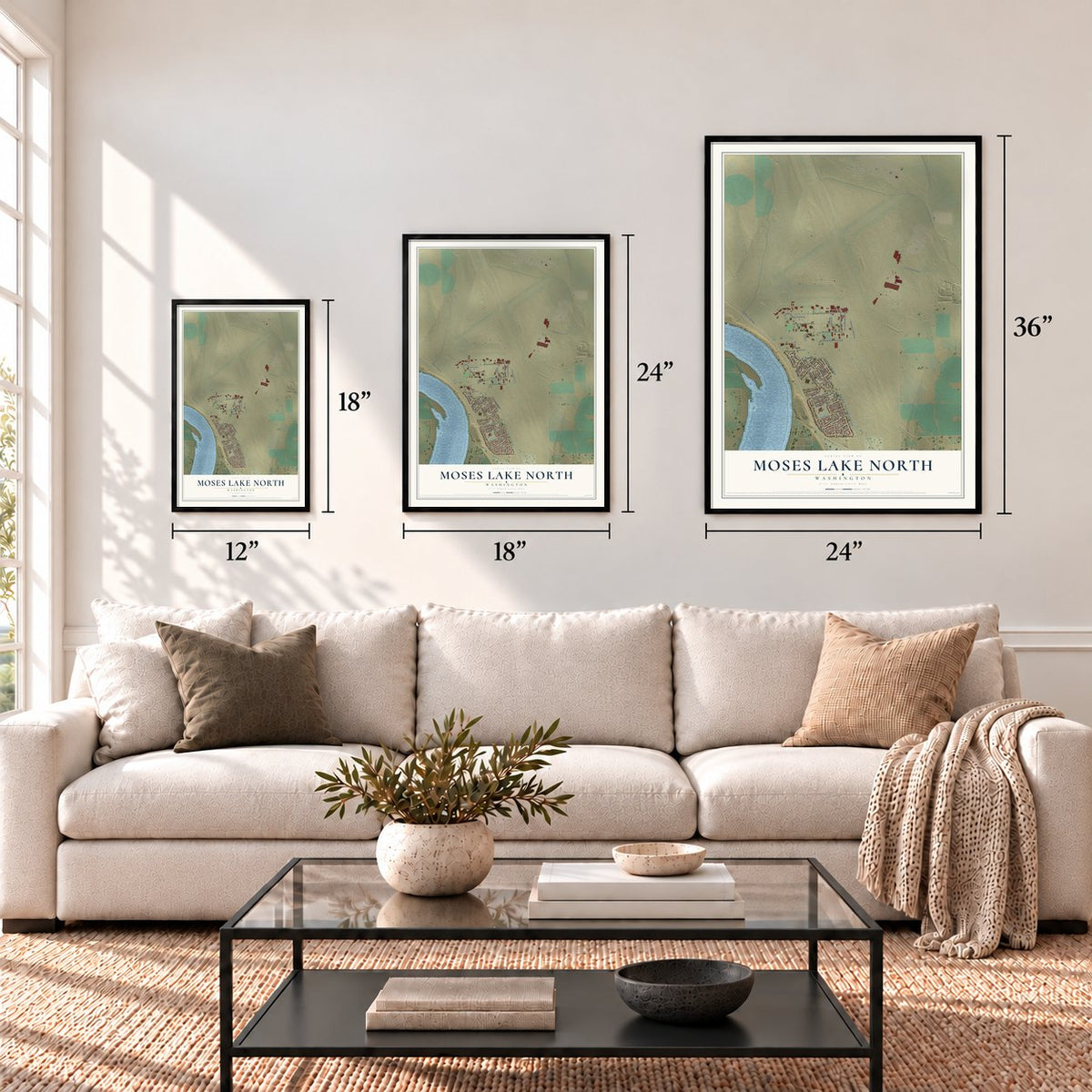 Moses Lake North, Washington map in 12 x 18, 18 x 24 and 24 x 36 inch sizes above a sofa