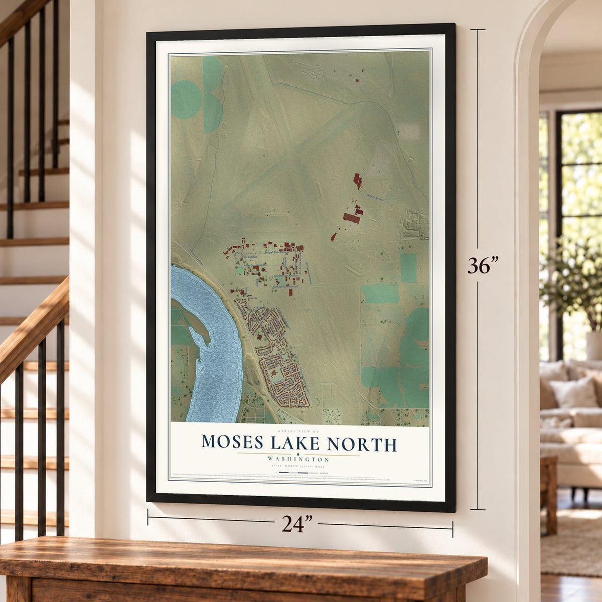 Moses Lake North, Washington map, 24 x 36 inch print in a black frame by a staircase