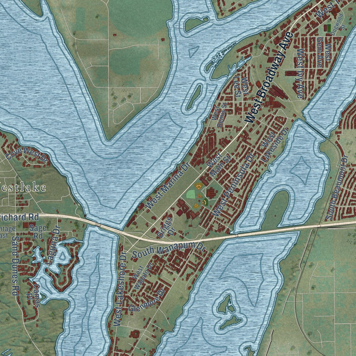 Close-up of the map of Moses Lake, Washington print showing street and building detail