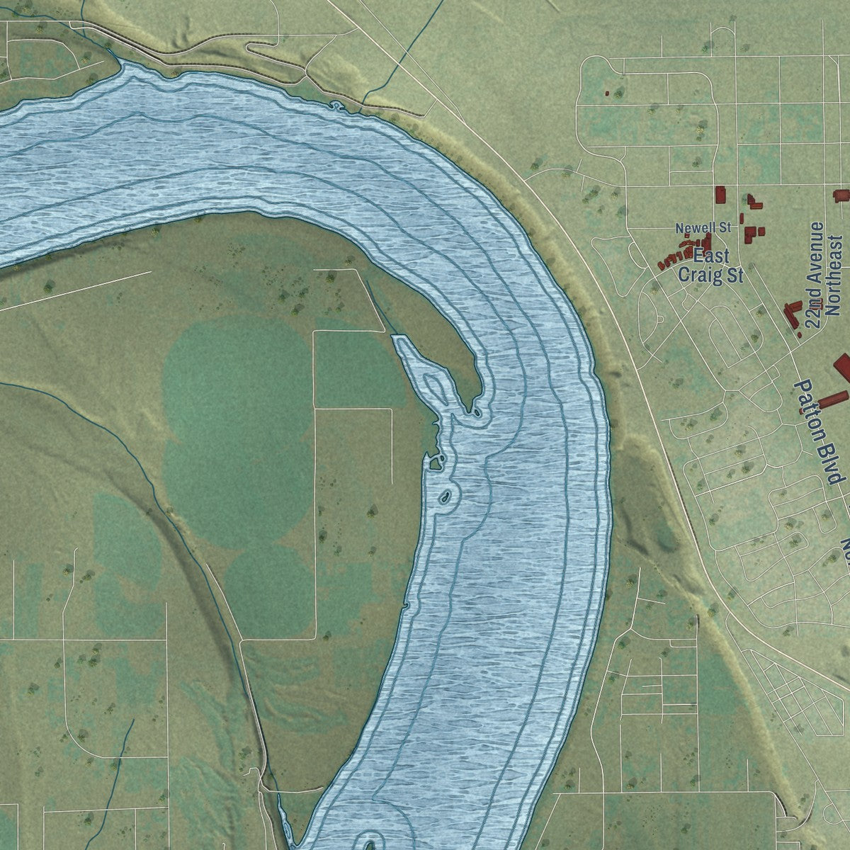 Second close-up of the map of Moses Lake, Washington print showing more streets and buildings
