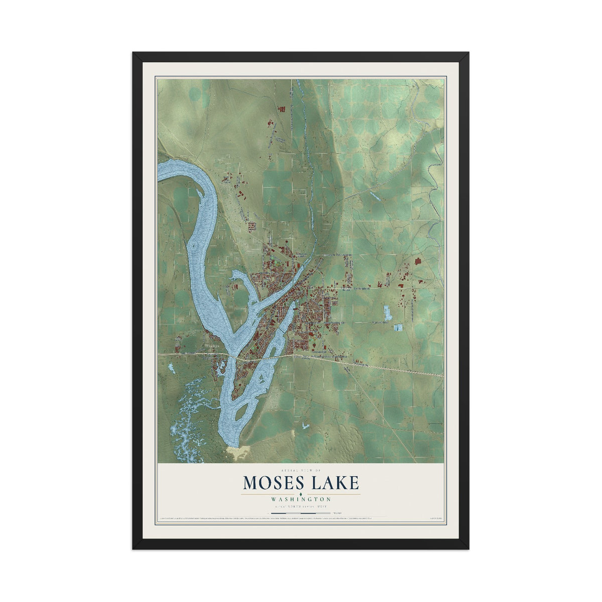 Map of Moses Lake, Washington, 12 x 18 inch print in a black wood frame