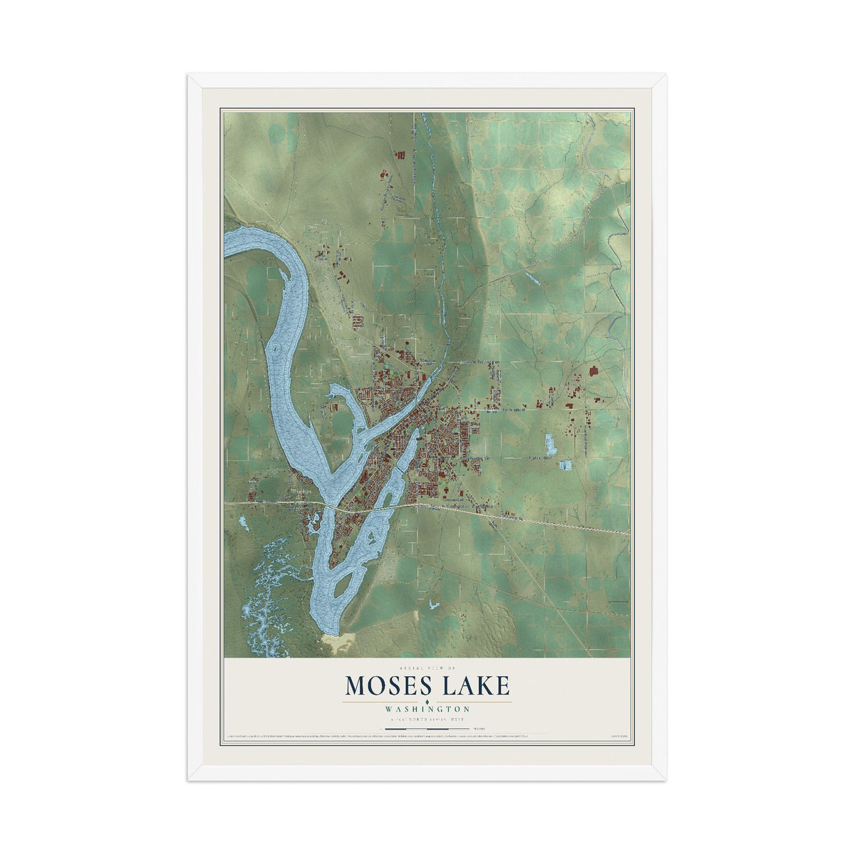 Map of Moses Lake, Washington, 12 x 18 inch print in a white wood frame