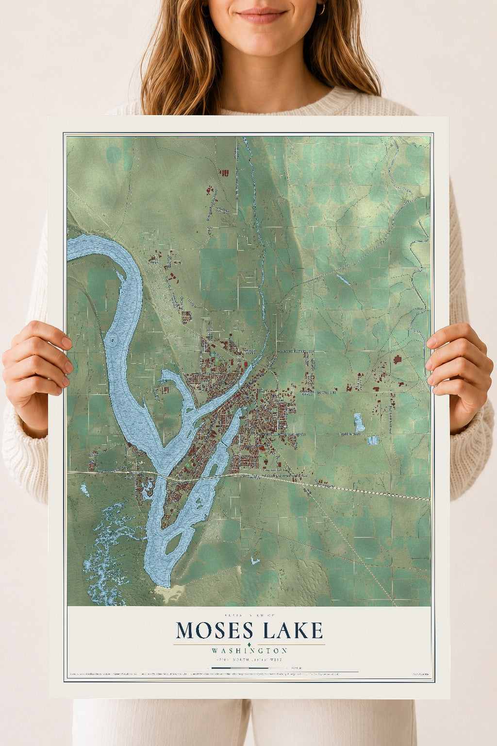 Map of Moses Lake, Washington, 18 x 24 inch unframed archival matte print