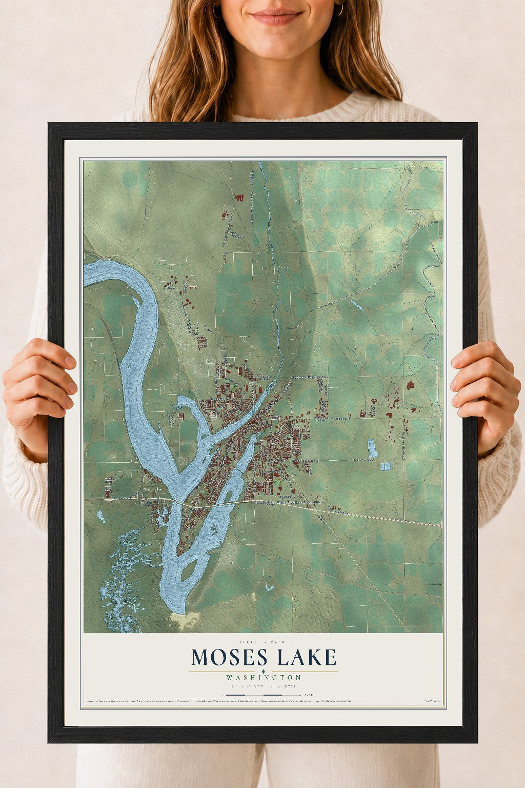 Map of Moses Lake, Washington, 18 x 24 inch print in a black wood frame