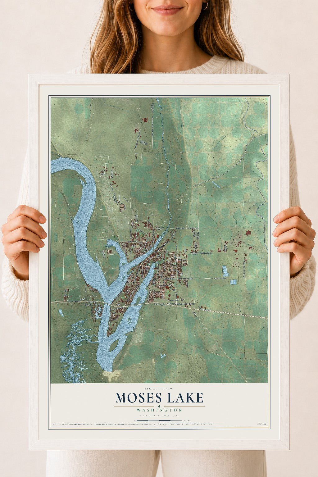 Map of Moses Lake, Washington, 18 x 24 inch print in a white wood frame