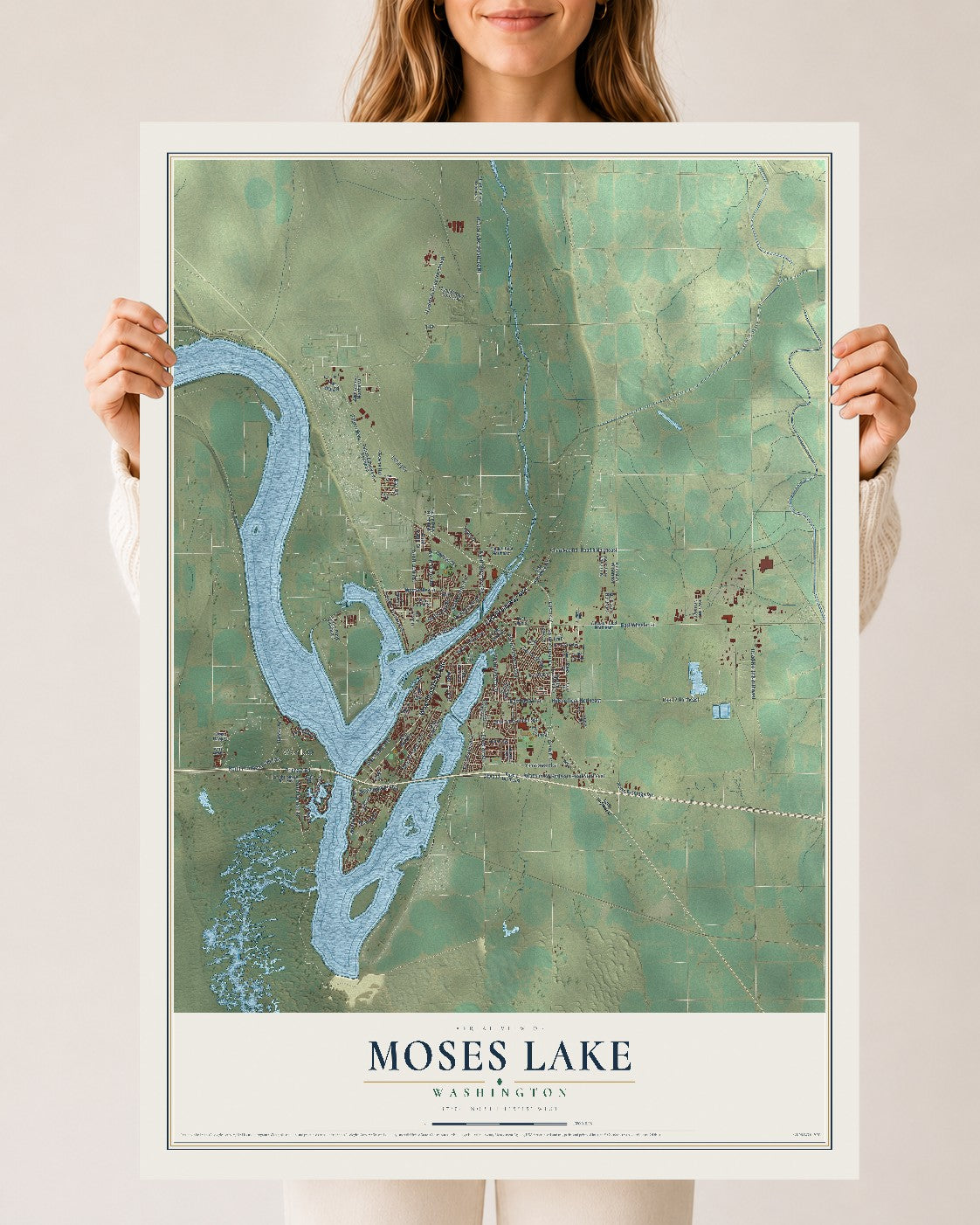 Map of Moses Lake, Washington, 24 x 36 inch unframed archival matte print