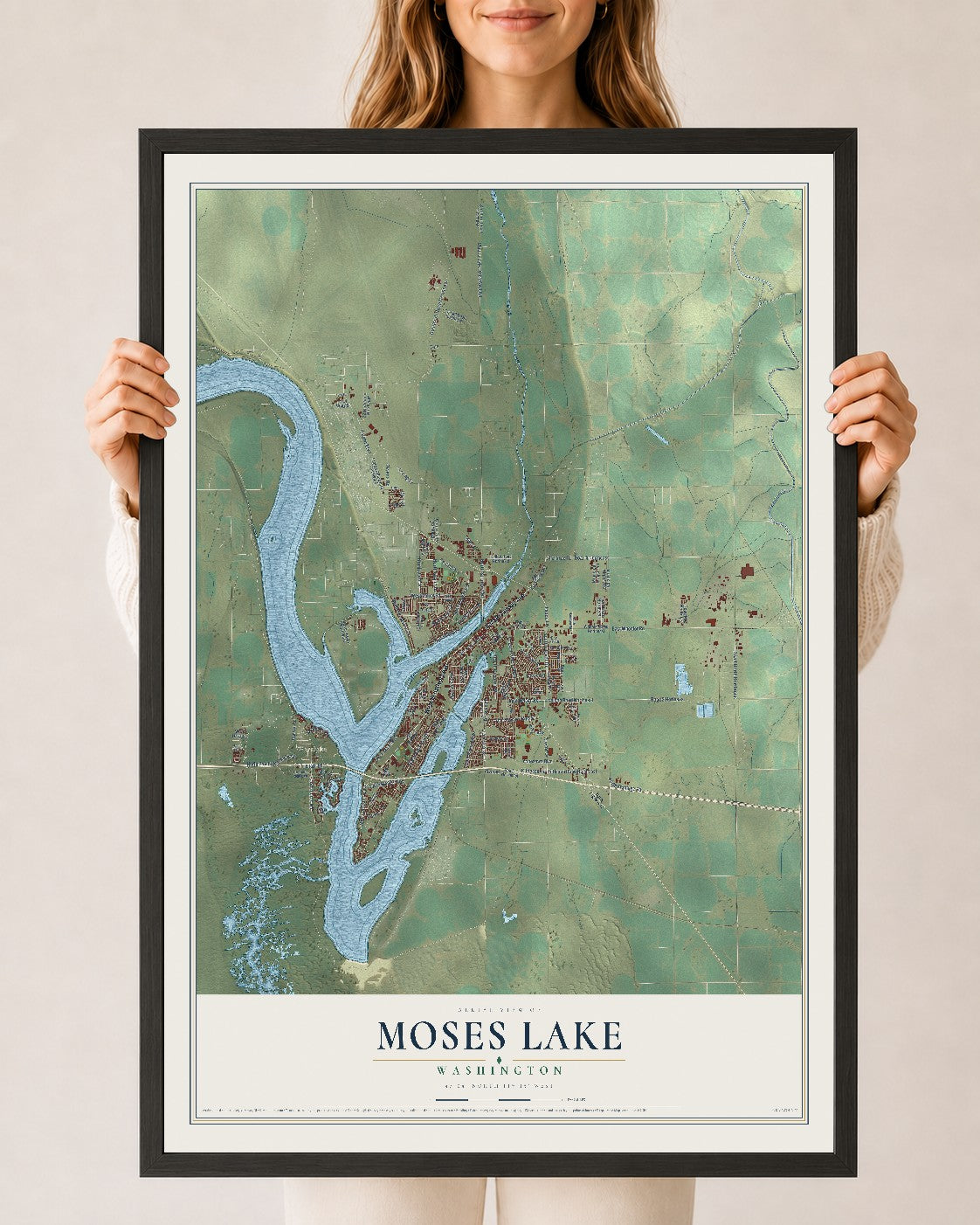 Map of Moses Lake, Washington, 24 x 36 inch print in a black wood frame