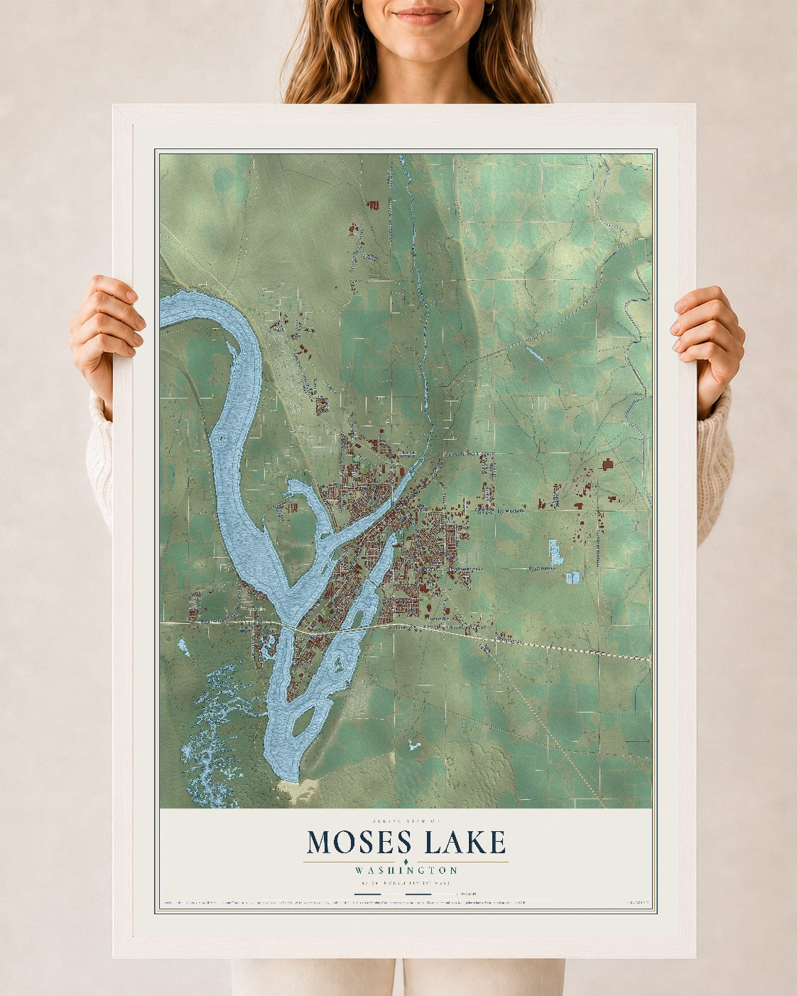 Map of Moses Lake, Washington, 24 x 36 inch print in a white wood frame