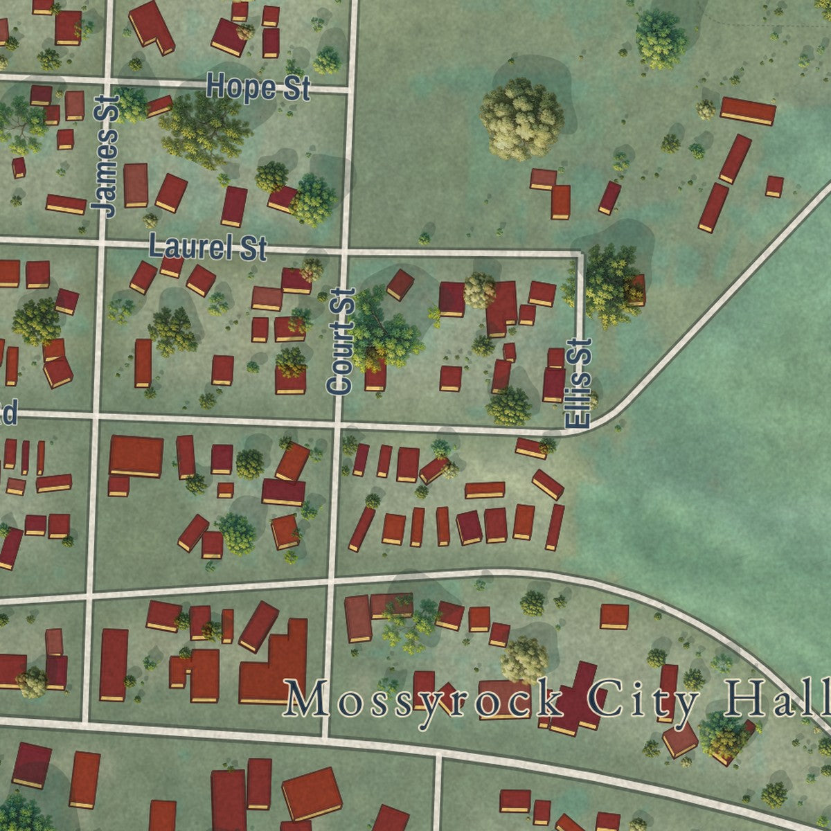 Close-up of the map of Mossyrock, Washington print showing street and building detail