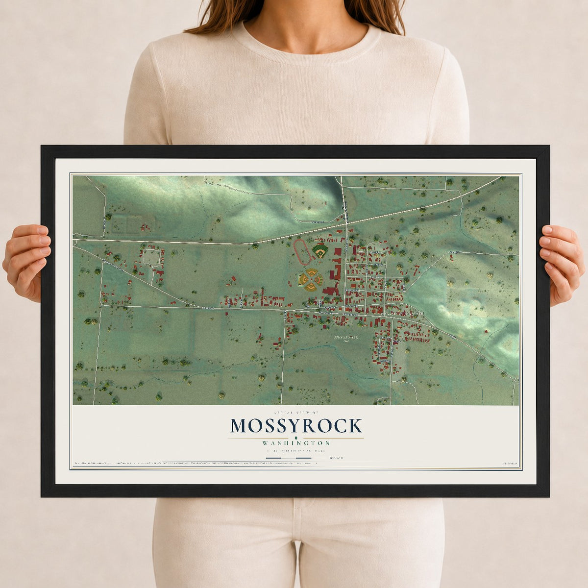 Map of Mossyrock, Washington, 12 x 18 inch print in a black wood frame
