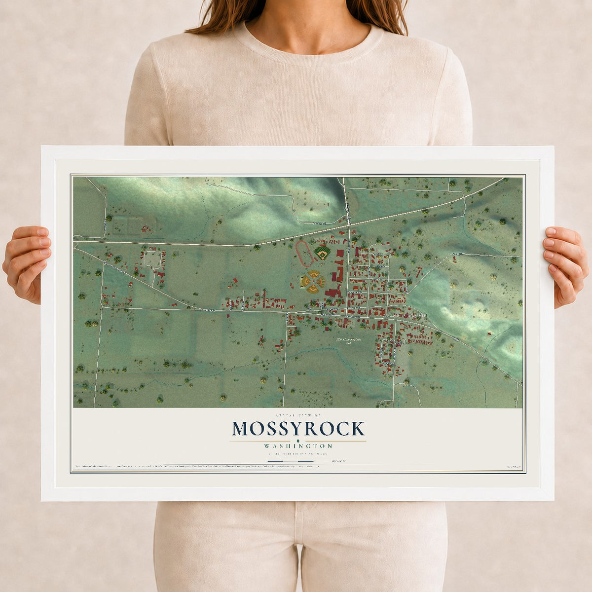 Map of Mossyrock, Washington, 12 x 18 inch print in a white wood frame