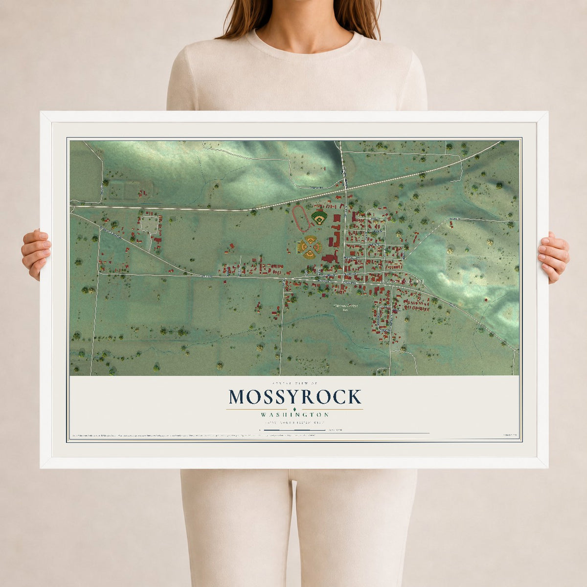 Map of Mossyrock, Washington, 24 x 36 inch print in a white wood frame