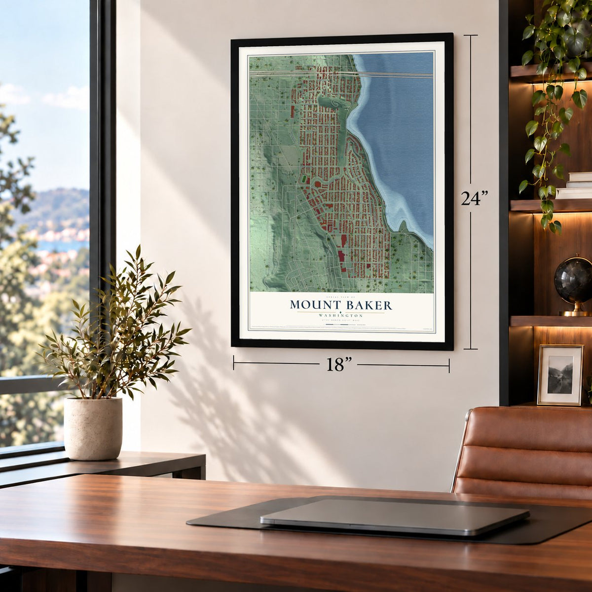Mount Baker, Washington map, 18 x 24 inch print in a black frame in a home office