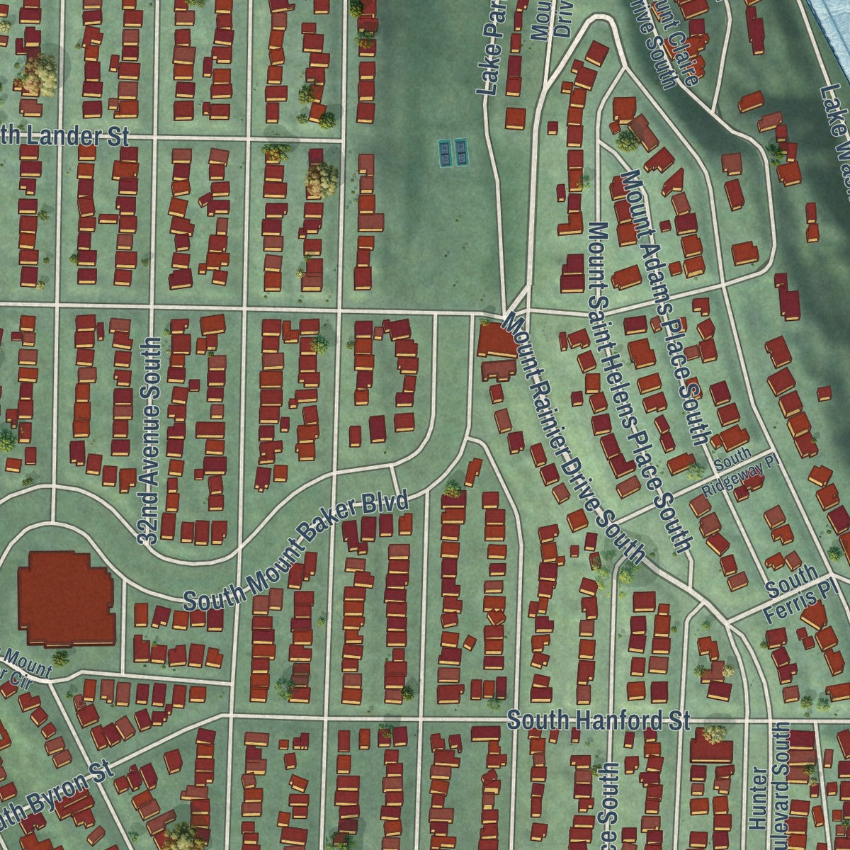 Close-up of the map of Mount Baker, Washington print showing street and building detail