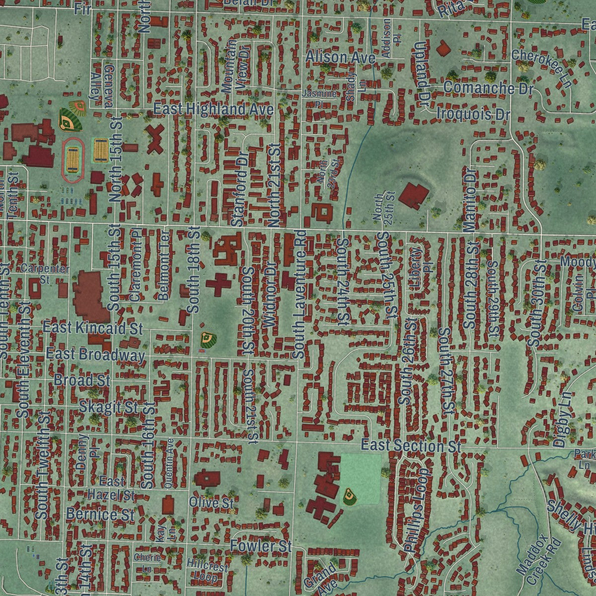 Close-up of the map of Mount Vernon, Washington print showing street and building detail