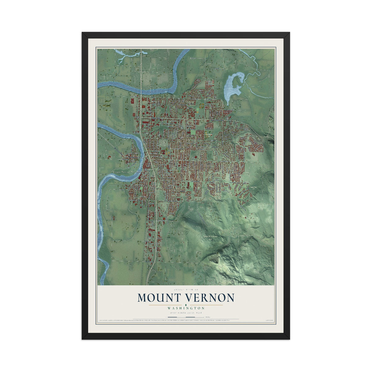 Map of Mount Vernon, Washington, 12 x 18 inch print in a black wood frame