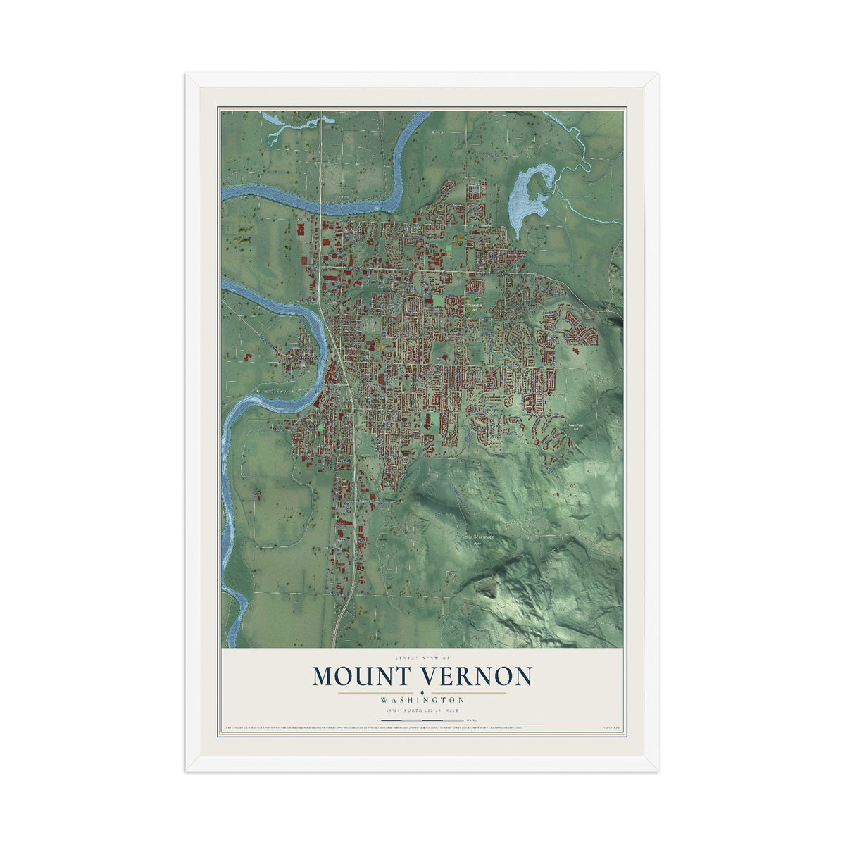Map of Mount Vernon, Washington, 12 x 18 inch print in a white wood frame