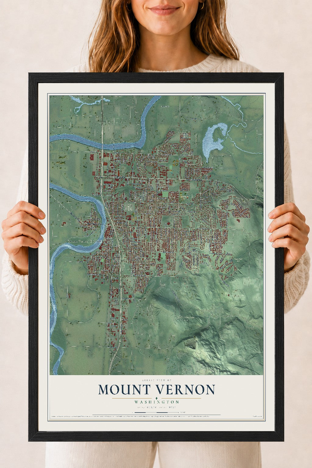 Map of Mount Vernon, Washington, 18 x 24 inch print in a black wood frame