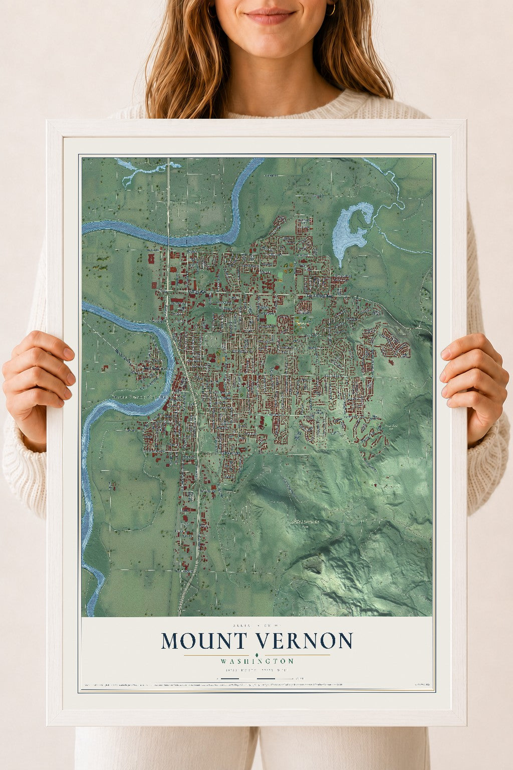 Map of Mount Vernon, Washington, 18 x 24 inch print in a white wood frame