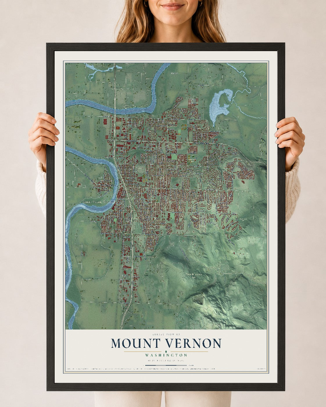 Map of Mount Vernon, Washington, 24 x 36 inch print in a black wood frame