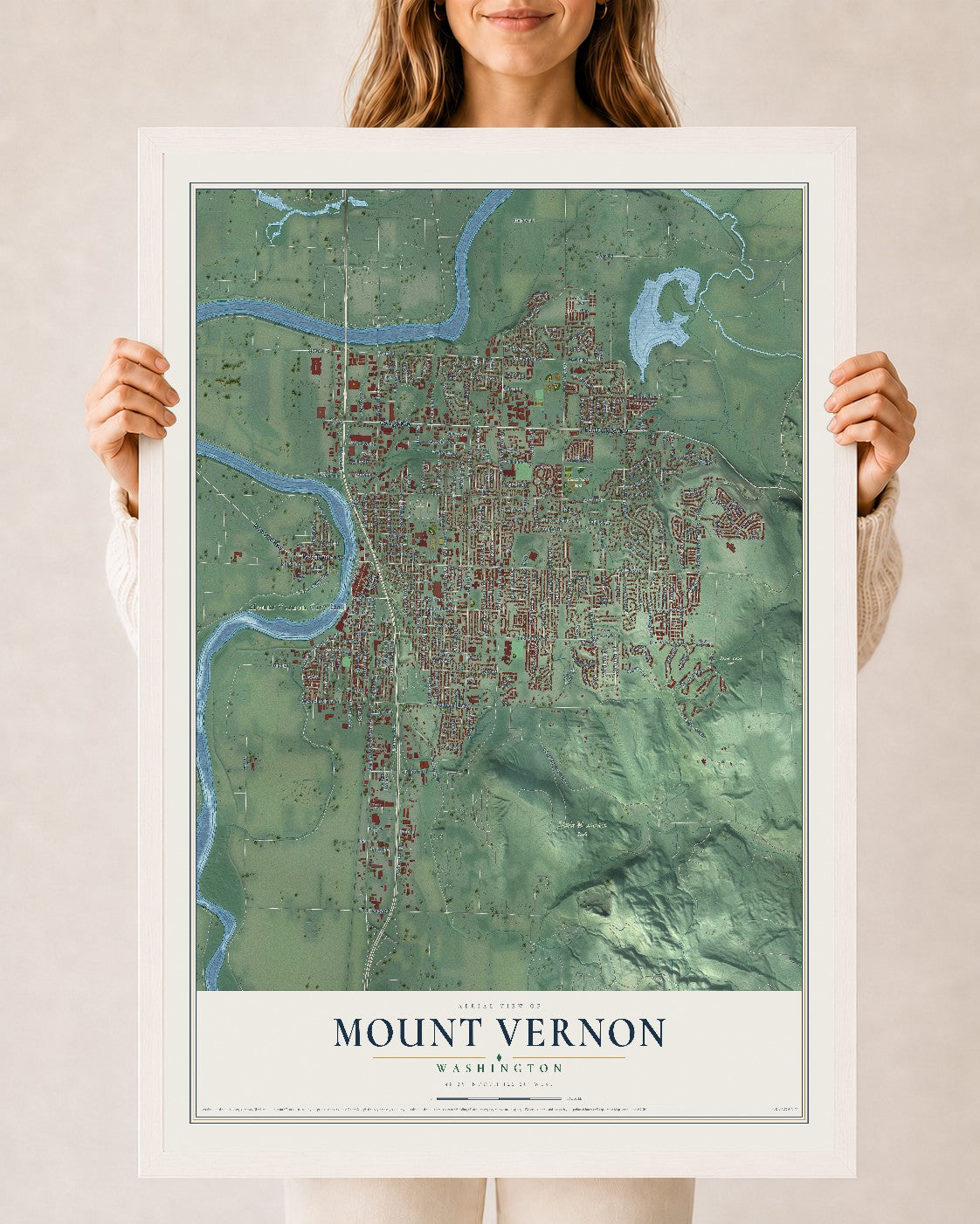 Map of Mount Vernon, Washington, 24 x 36 inch print in a white wood frame
