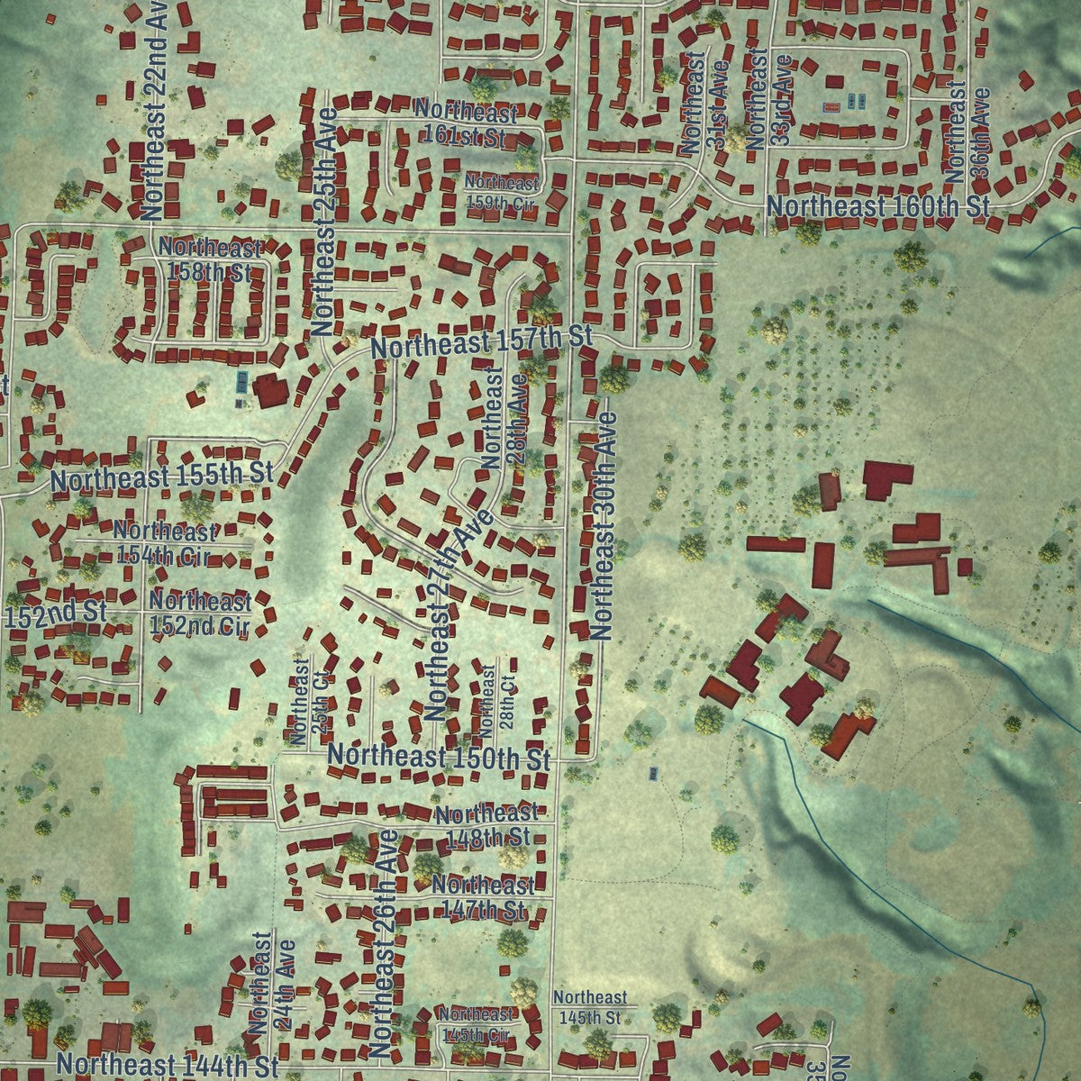 Close-up of the map of Mount Vista, Washington print showing street and building detail