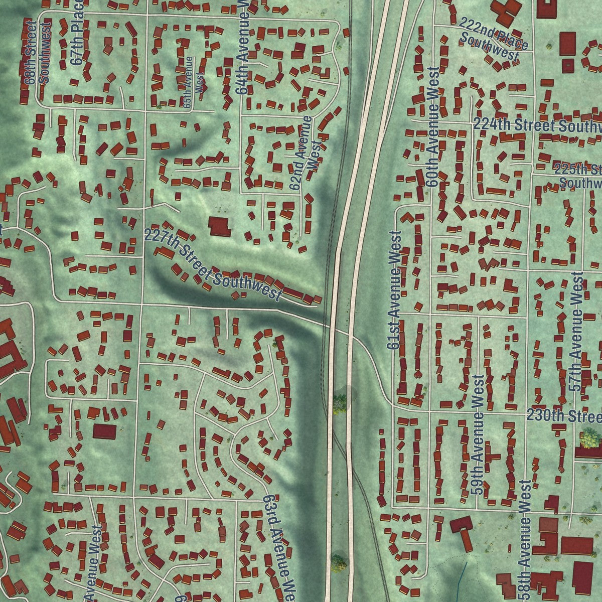 Second close-up of the map of Mountlake Terrace, Washington print showing more streets and buildings