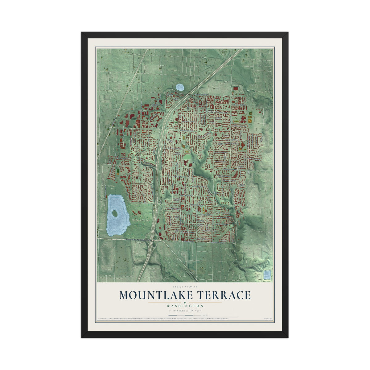 Map of Mountlake Terrace, Washington, 12 x 18 inch print in a black wood frame