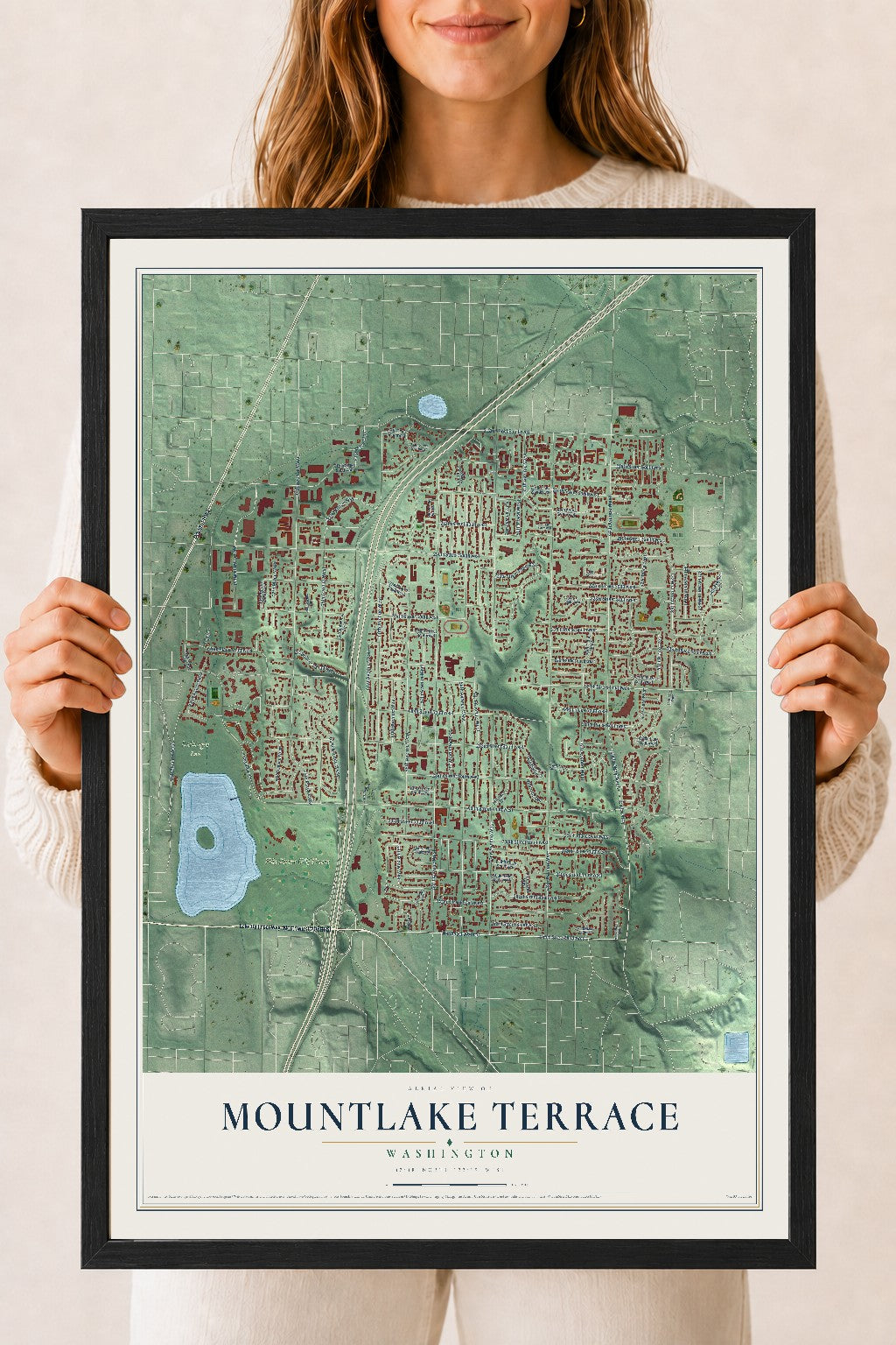 Map of Mountlake Terrace, Washington, 18 x 24 inch print in a black wood frame